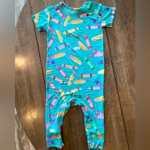 Posh Peanut Bamboo Short-Sleeve Unisex Romper. Color: Aqua w/ Crayons. 12-18 mo.